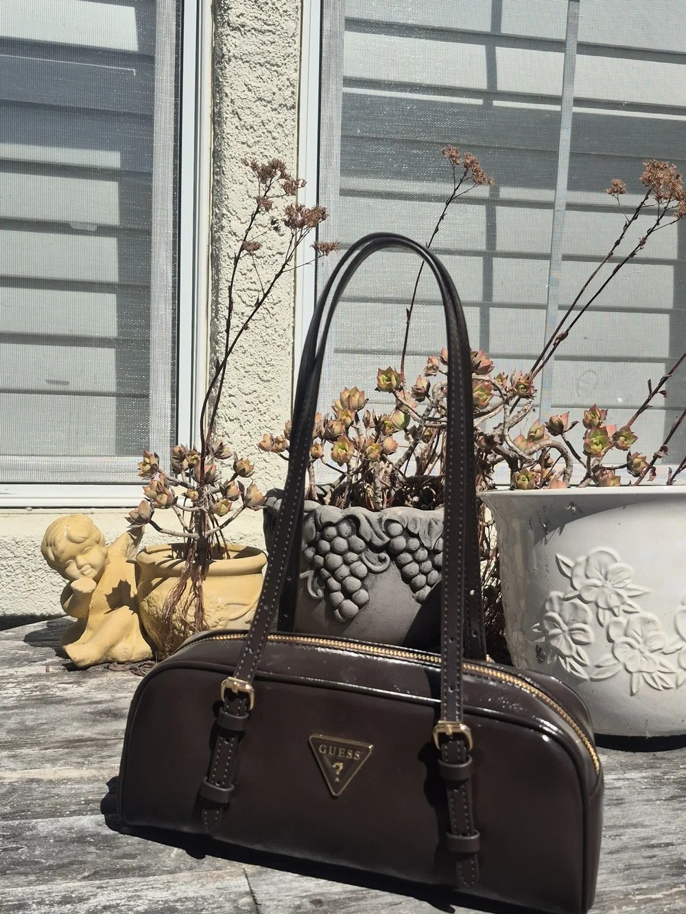 GUESS Brown Leather Double-Handle Shoulder Bag